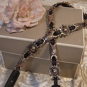 Vintage Western Concho Belt Black Leather Silver Medallion Chain Boho Cowgirl